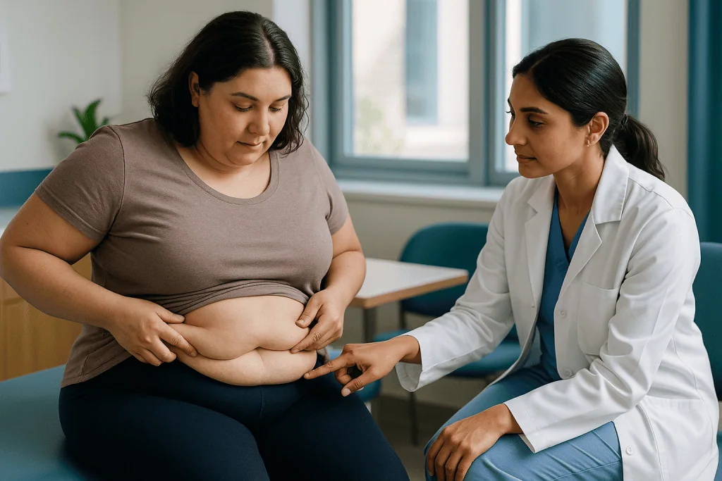 Doctor examining patient's abdominal area during consultation: What each procedure corrects, and what it leaves alone