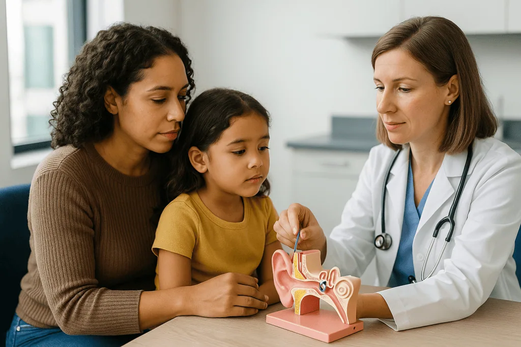 Female doctor explaining ear anatomy model to child and mother: What ear tubes actually do inside the ear