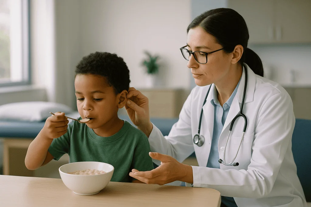Doctor observing child eating cereal from bowl: What ear tubes actually do inside the ear