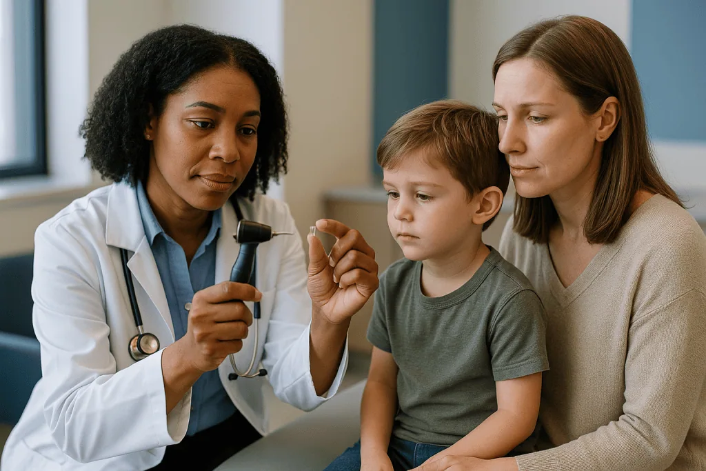 Female doctor examining young boy's ear with otoscope: What ear tubes are and how they actually work