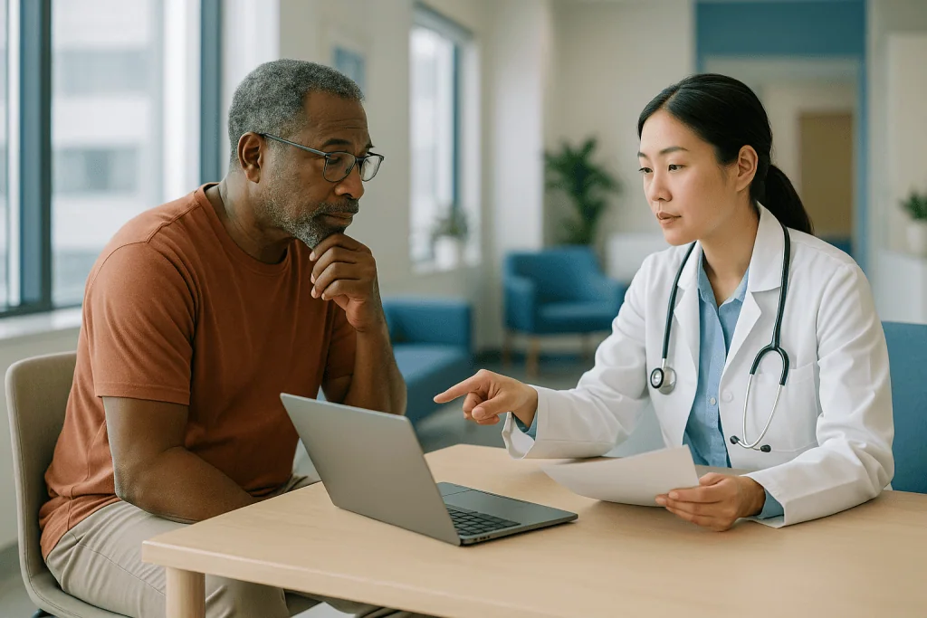 Doctor consultation with patient at desk with laptop — What eGFR and creatinine actually tell you about your kidney stage