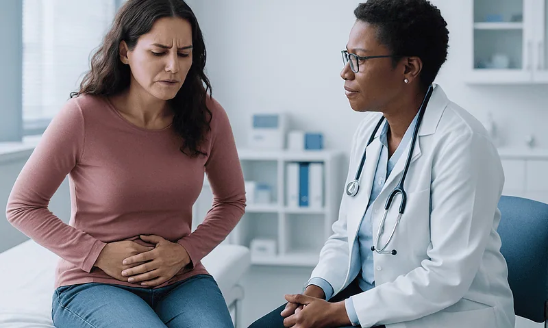 Woman experiencing abdominal pain during medical consultation at Acibadem Hospital.