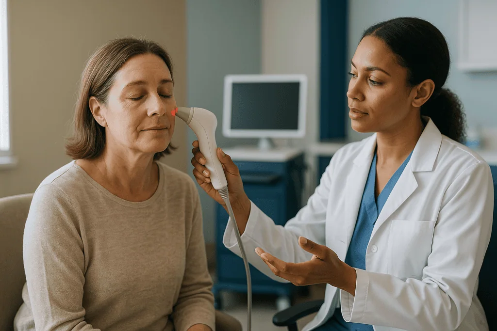 Healthcare provider demonstrating non-surgical facial device to patient: What energy devices actually do to skin