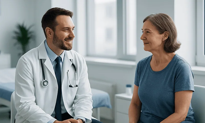 Doctor and patient having a consultation in a medical office.