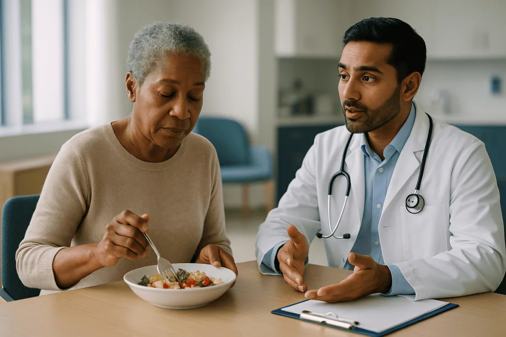 Doctor consulting senior patient about healthy salad meal: What ESR and CRP actually measure, in plain language