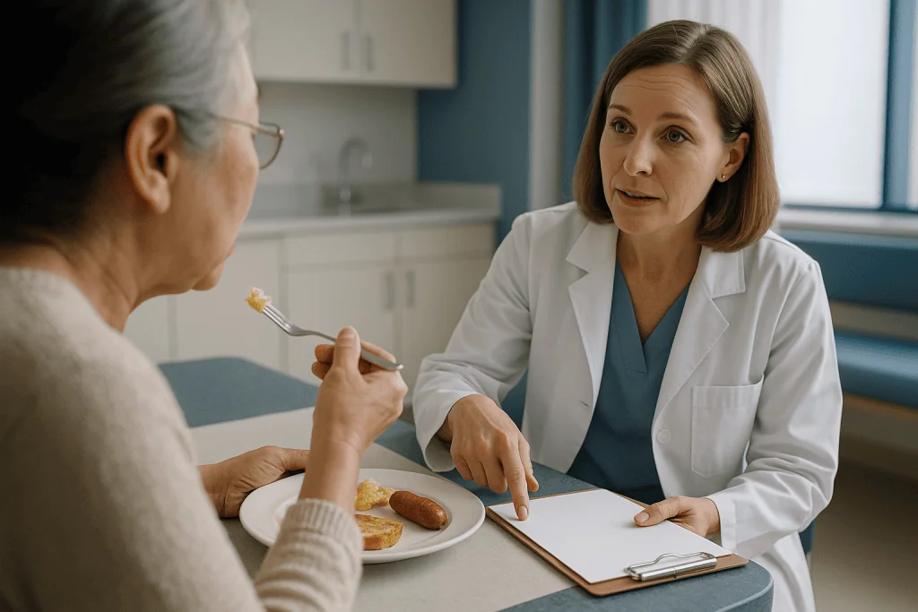 Female doctor consulting elderly patient with food plate: What exactly is removed, and why does it have to be so much?