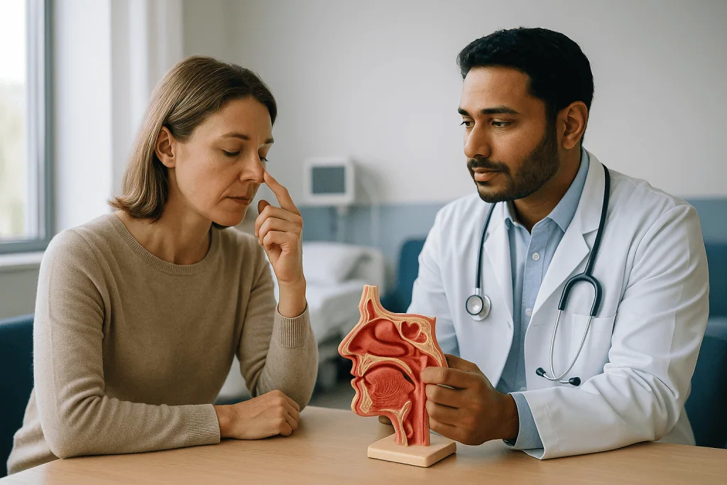 Doctor consulting patient with anatomical nasal model: What FESS actually does inside your nose