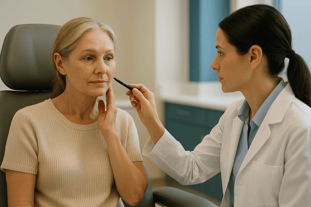 Dermatologist examining patient's facial skin with tool: What fibroblast plasma treatment results actually look like