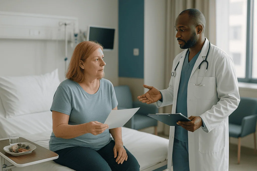 Doctor consulting patient in hospital room with paperwork: What fit-to-fly clearance involves after bariatric surgery