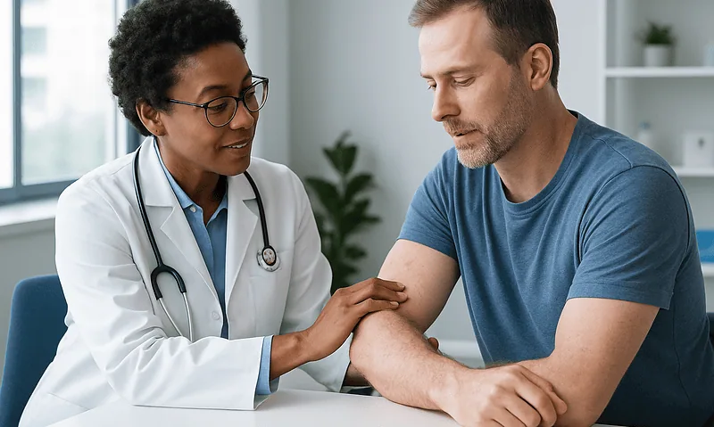 Doctor examining a patient's arm for skin condition at a clinic.