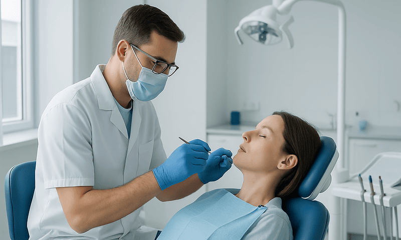 Dentist examining patient's mouth in a dental clinic.
