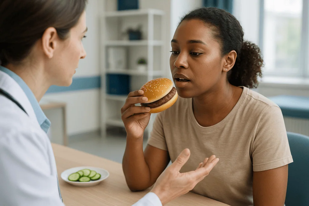 Woman eating burger while healthcare provider advises: What foods worsen TMJ? The real triggers and gentler swaps