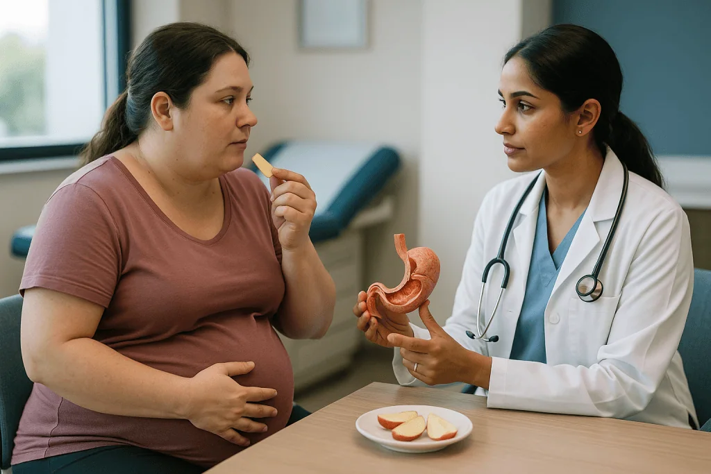 Pregnant patient consulting with doctor about nutrition: What gastric bypass actually does inside the body
