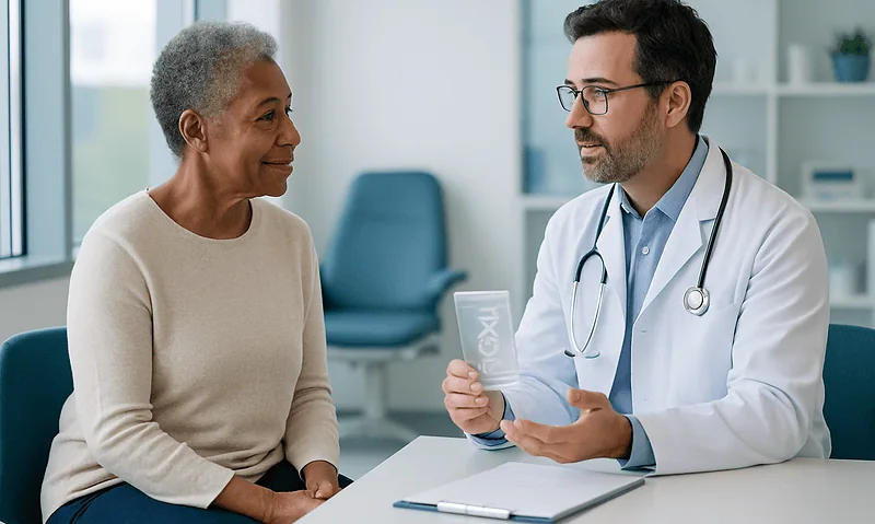 Doctor explaining genetic testing to an elderly patient in a clinic.