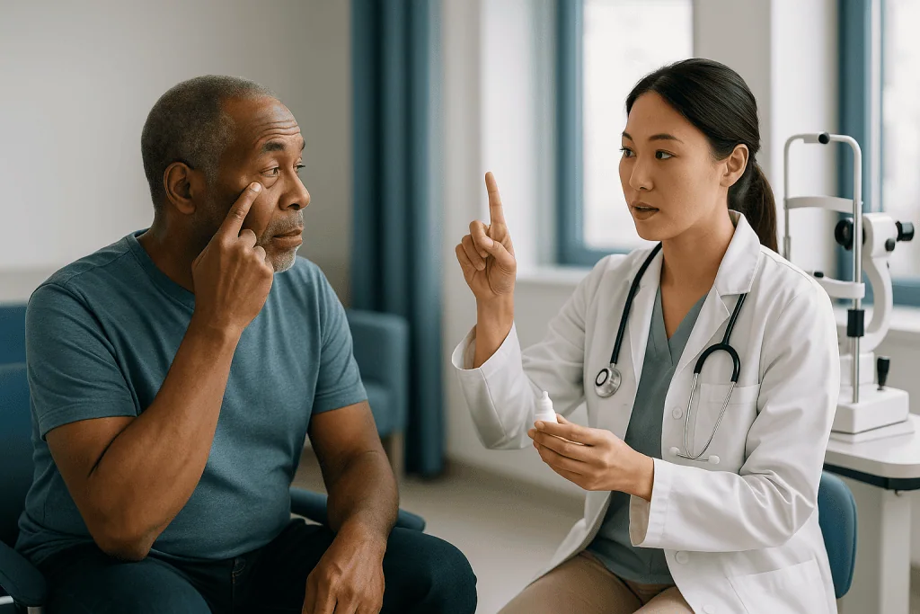 Doctor consulting with male patient in clinical setting: What glaucoma actually is, and why eye pressure is the lever
