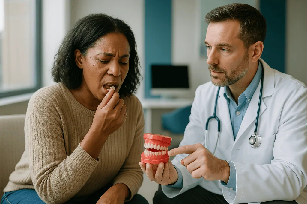 Dentist discussing dental model with patient in clinic: What grinding actually does to enamel, and to ceramic