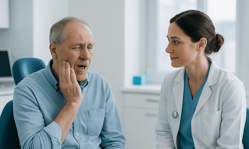 Older man experiencing tooth pain during dental consultation.