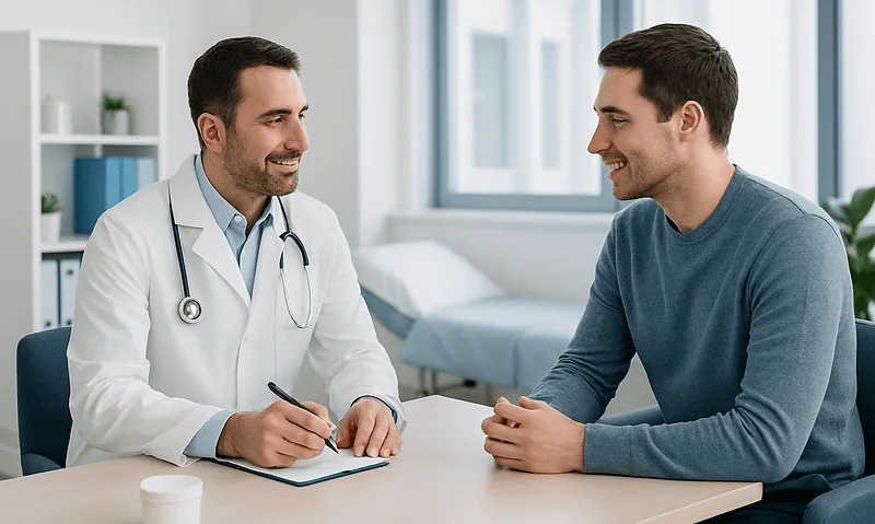 Doctor consulting with a patient in a modern clinic setting.