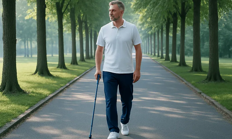Man walking with a cane in a park on a sunny day.