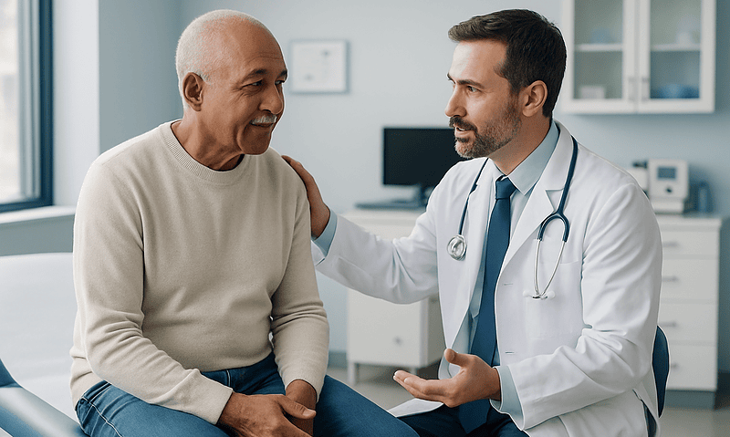 Urologist consulting with an elderly male patient in a medical office.