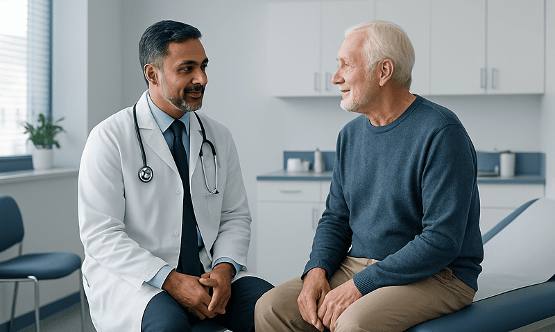 Urologist consulting with an elderly male patient in a medical office.