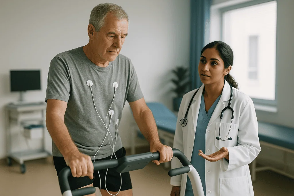 Older male patient on stationary bike with female cardiologist: What happens at a cardiac rehab assessment? A walk-through o