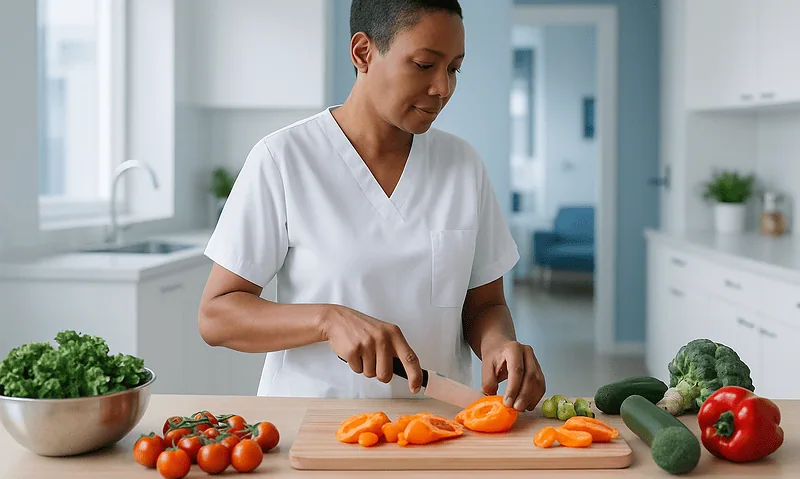 Nutritionist preparing fresh vegetables in a modern kitchen.