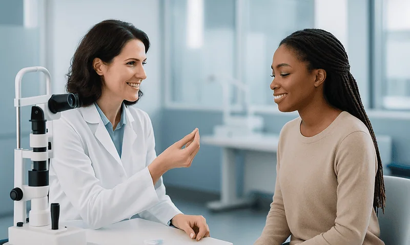 Optometrist explains contact lens fitting to patient in clinic.