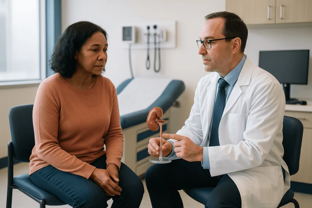 Doctor consulting patient with kidney model in clinical setting: What happens at a nephrology referral for lupus?