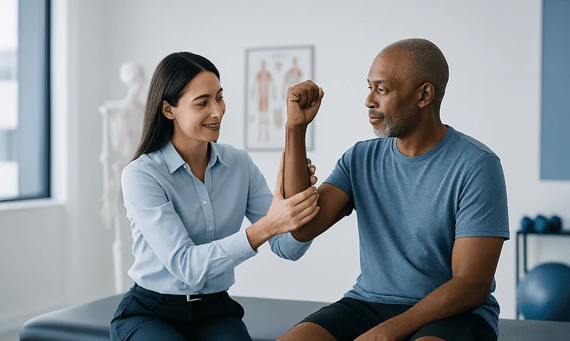 Physical therapist and patient demonstrating arm strength exercises in clinic.