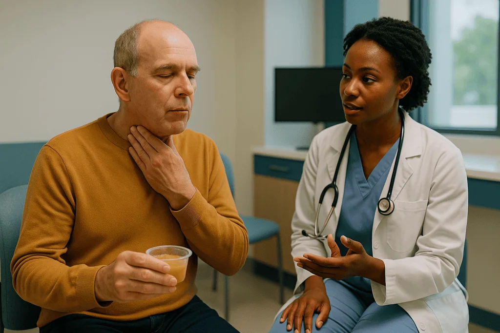 Doctor consulting male patient about throat/swallowing concern: What happens at a swallowing check before esophageal cancer 