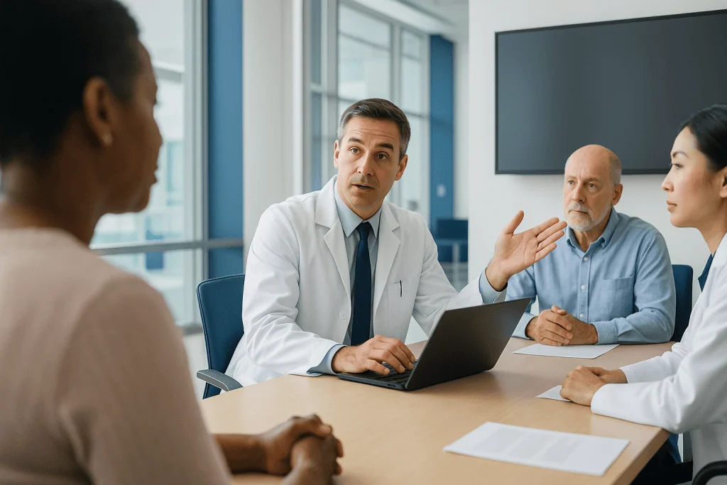 Medical professionals in consultation meeting with patient: What happens at a tumor board meeting, step by step?