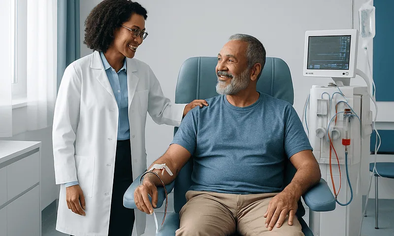 Patient receiving hemodialysis treatment with healthcare professional in hospital.