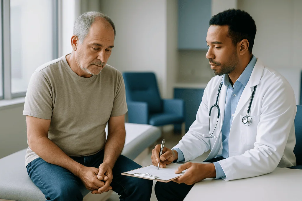 Doctor consulting with middle-aged male patient in clinic: What happens at the appointment: history, questionnaire and the p