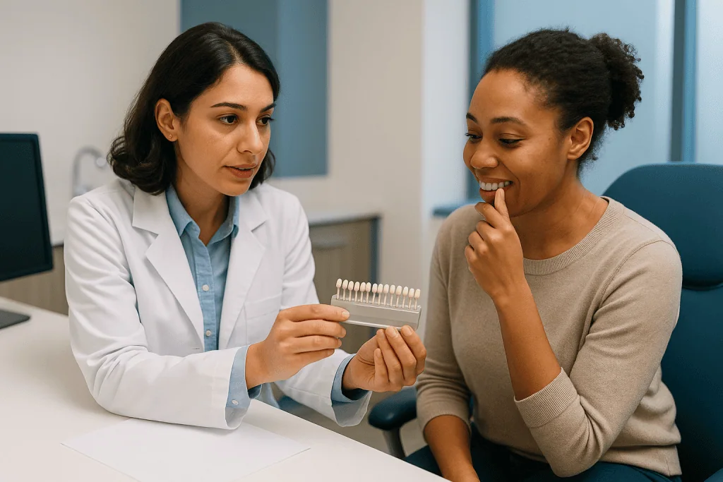 Dentist showing shade guide to smiling patient: What happens at the consultation and the mock-up