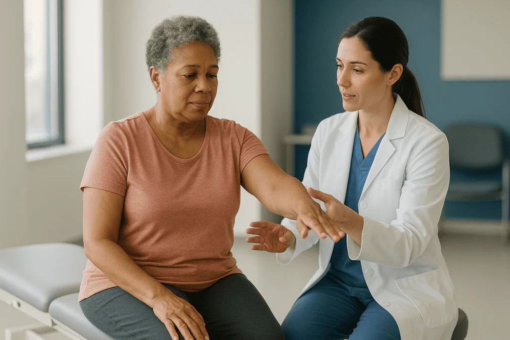 Healthcare provider examining patient's arm and hand: What happens at the first psoriatic arthritis physical therapy appoint
