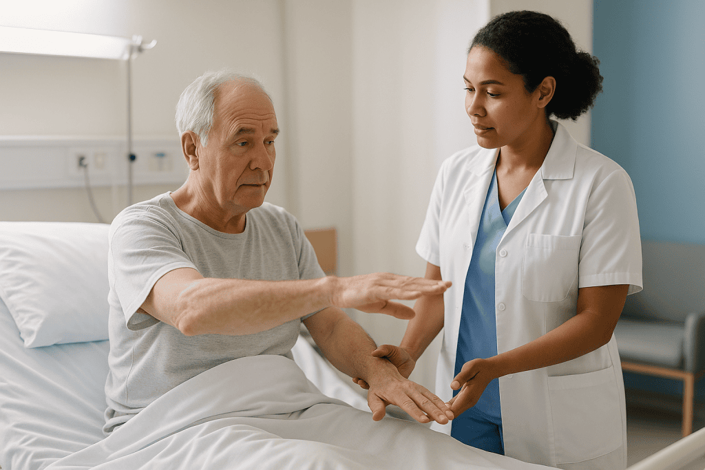 Healthcare provider examining patient arm in hospital bed: What happens at the hospital bedside in the first 24 to 72 hours?