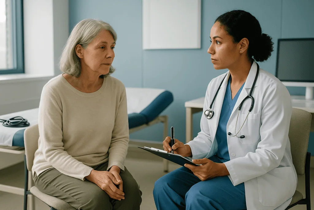 Doctor consulting with older female patient in clinic: What happens at the pre op assessment for prolapse surgery?