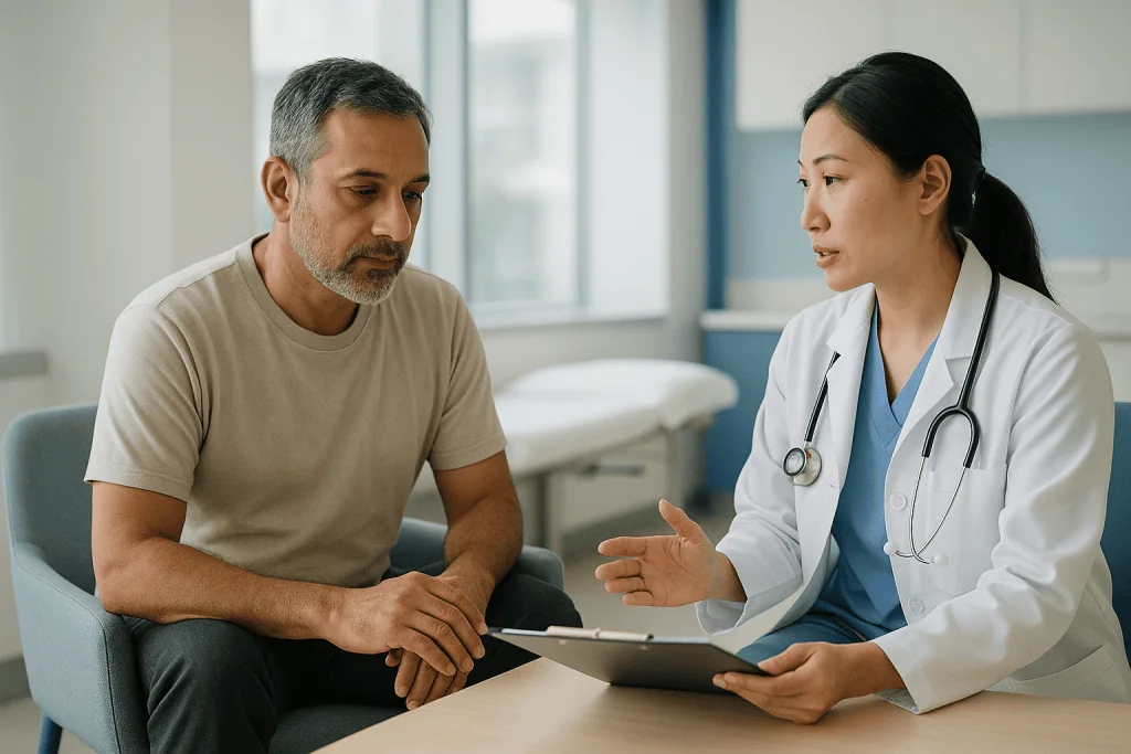 Doctor consulting with male patient in clinic exam room: What happens before any urethra problems treatment decision is made
