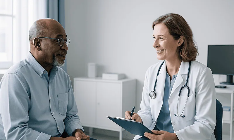 Doctor consulting with a patient in a medical office setting.