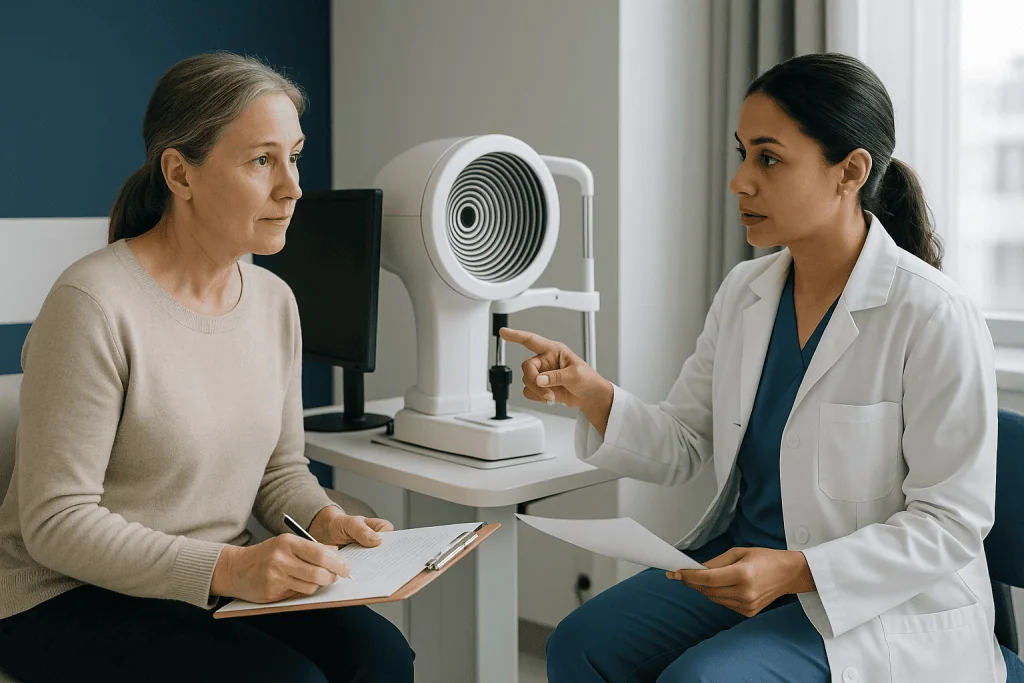 Doctor consultation with patient, ophthalmic equipment visible: What happens before the procedure: mapping, measurements and