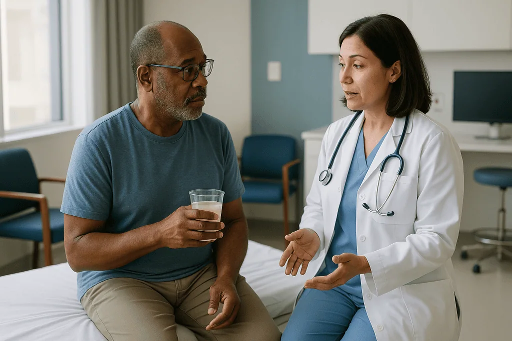 Doctor consulting patient in clinical setting: What happens before the procedure: preparation and the pre-check