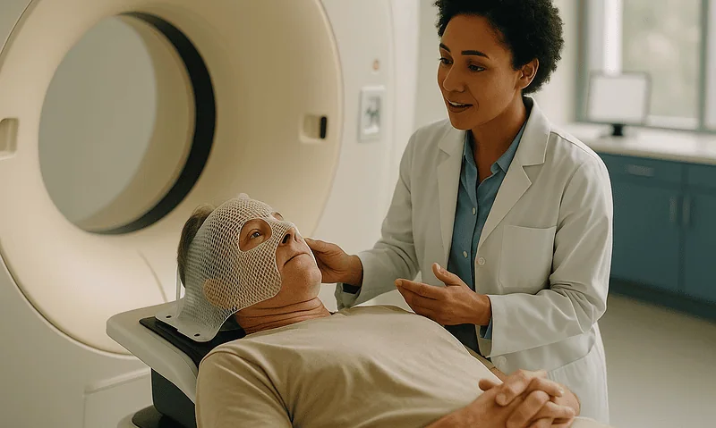 Medical professional consulting a patient before a CT scan at Acibadem Hospital.