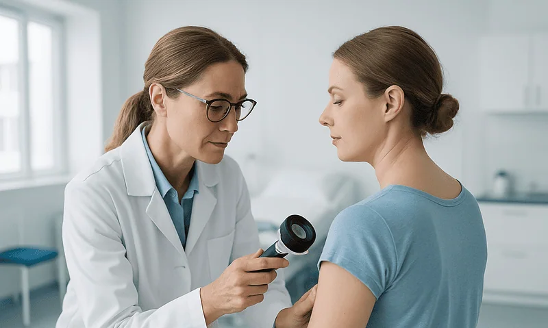 Doctor examining a patient's arm with a magnifying glass in a clinical setting.