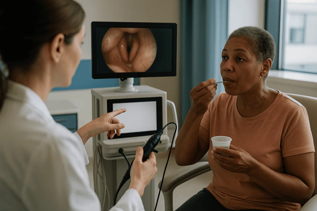 ENT specialist performing endoscopic examination of patient throat: What happens during a FEES swallow test with the camera 