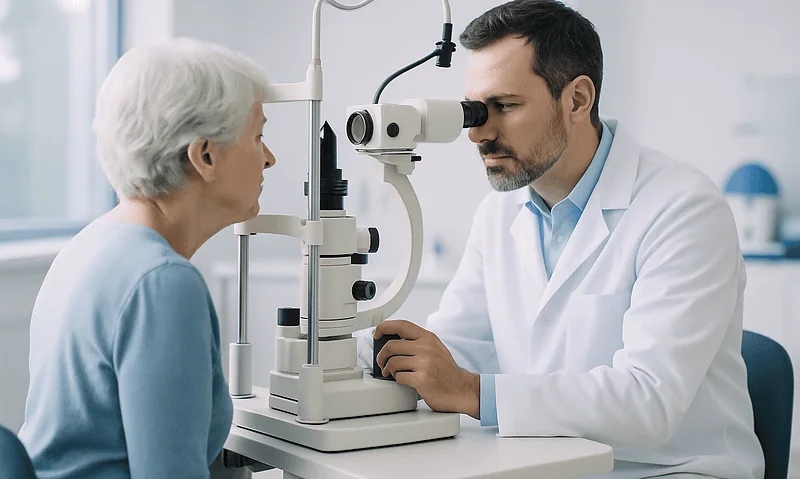 Optometrist performs eye examination on elderly patient using slit lamp.