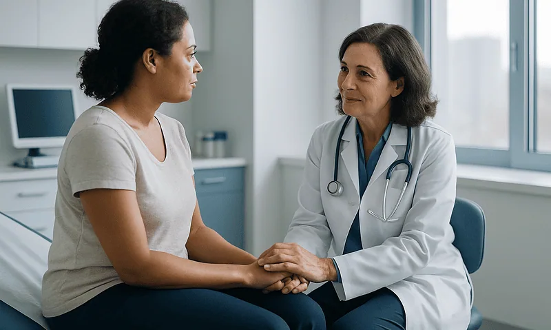 Doctor comforting patient during consultation in hospital room.
