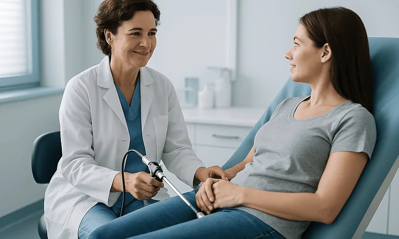 Gynecologist performing hysteroscopy on a patient in a clinic.