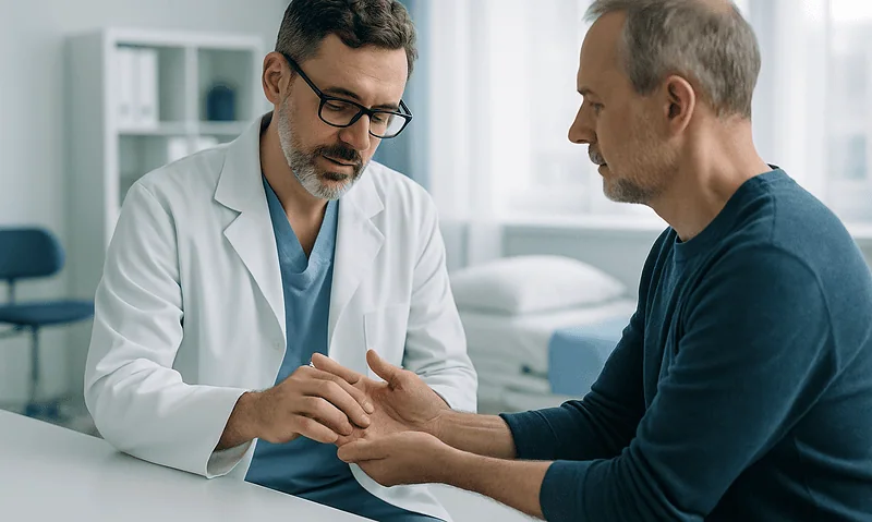 Doctor consulting with patient about joint injection procedure.