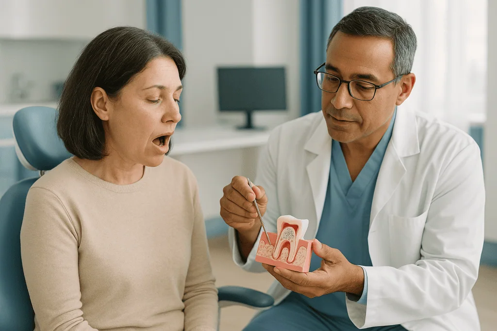 Dentist showing dental model to patient in clinic: What happens during a lateral window sinus lift, step by step
